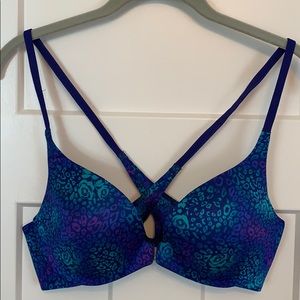 Purple/blue/teal floral and cheetah push up bra
